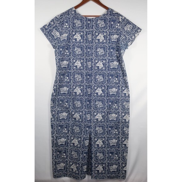 Vintage Reyn Spooner Hawaiian Dress w/  Sandals Blue White Floral Kaftan Size XL - Picture 6 of 7